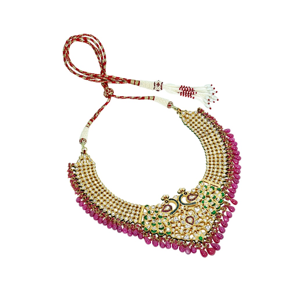 Necklace with Peacock Motifs, Polkis, and Ruby Drops